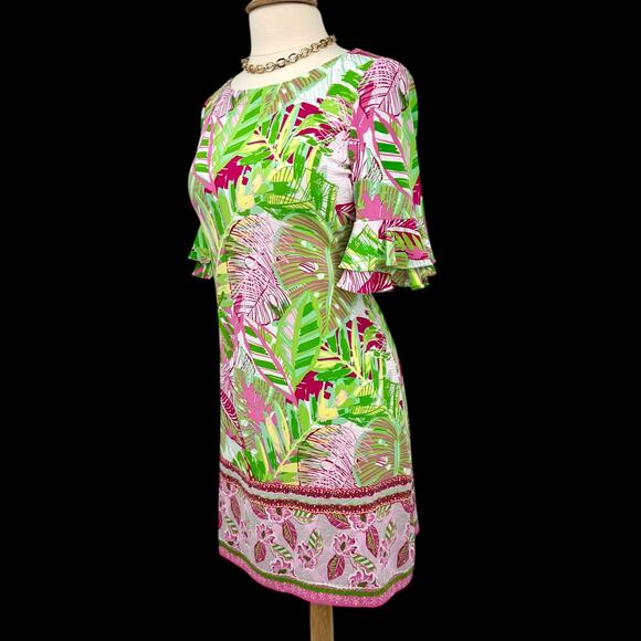 Pappagallo Tropical Double Flutter Sleeve Shift Dress Pink/Green Palm Leaf Small - Picture 7 of 14